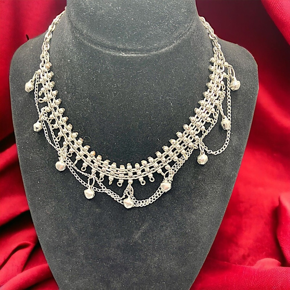 Multilayered Silver-Tone Chains Dangling Bells 17.25 Inch Choker Necklace!